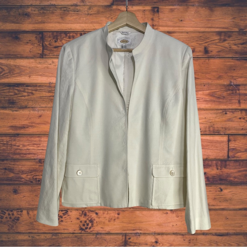 Talbots Open Front White Linen blend Blazer Jacket Size 14‎